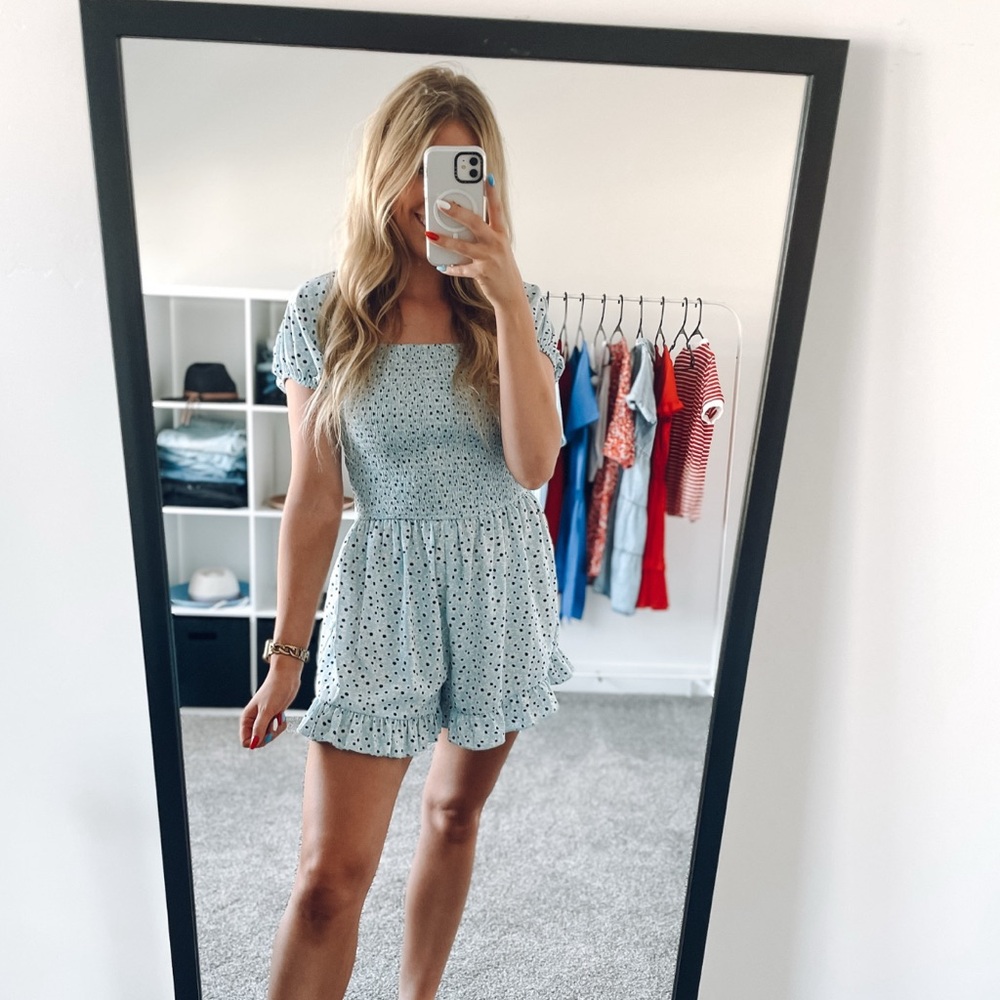 Light Blue Polka Dot Smocked Waist Shorts Romper